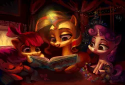 Size: 3473x2362 | Tagged: safe, artist:holivi, derpibooru import, apple bloom, scootaloo, smarty pants, sunset shimmer, sweetie belle, pony, book, christmas tree, cutie mark crusaders, reading, tree