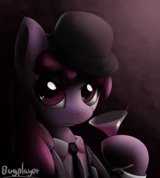 Size: 1800x2000 | Tagged: artist:bugplayer, berry punch, berryshine, bowler hat, clothes, derpibooru import, glass, hat, hoof hold, martini, necktie, safe, solo, suit, wine glass