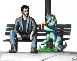 Size: 1280x1024 | Tagged: safe, artist:nemo2d, derpibooru import, lyra heartstrings, human, pony, bench, bipedal, clothes, consoling, keanu reeves, new year, new years eve, present, sad keanu, scarf, sitting