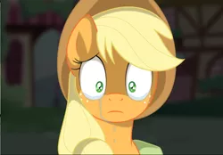 Size: 844x587 | Tagged: applejack, artist:kumkrum, cropped, crying, derpibooru import, frown, looking at you, reaction image, sad, safe, solo, wide eyes