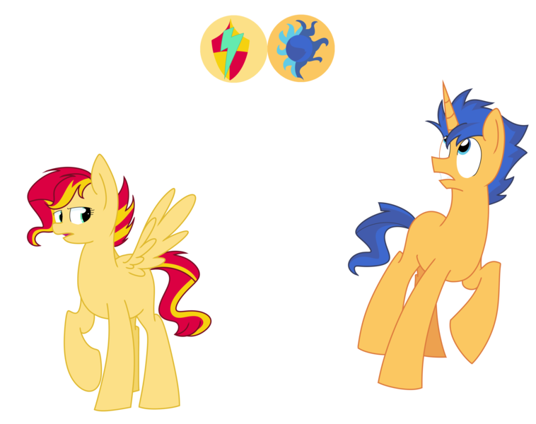 Size: 4000x3168 | Tagged: safe, artist:yaaaco, derpibooru import, flash sentry, sunset shimmer, pony, race swap, surprised