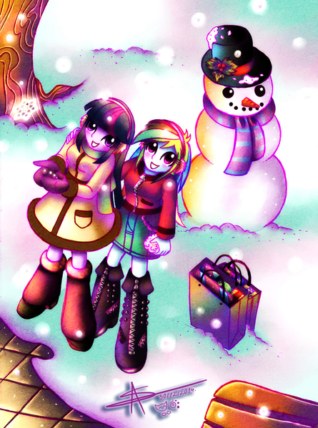 Size: 889x1200 | Tagged: safe, artist:shikimaakemi, derpibooru import, rainbow dash, twilight sparkle, equestria girls, clothes, female, lesbian, scarf, shipping, snow, snowfall, twidash, winter