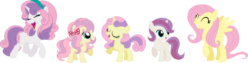 Size: 1280x327 | Tagged: artist:archerinblue, crack shipping, cute, family, female, flutterbelle, fluttershy, lesbian, magical lesbian spawn, oc, oc:lemon meringue, oc:strawberry shake, oc:vanilla frosting, offspring, older, parent:fluttershy, parents:flutterbelle, parent:sweetie belle, safe, shipping, simple background, sweetie belle, transparent background