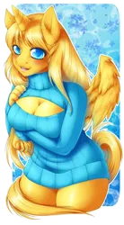 Size: 708x1280 | Tagged: anthro, artist:lovelesskiax, breasts, cleavage, clothes, derpibooru import, female, keyhole turtleneck, oc, oc:ticket, open-chest sweater, suggestive, sweater, turtleneck, unofficial characters only