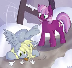 Size: 1800x1700 | Tagged: safe, artist:skoon, derpibooru import, cheerilee, derpy hooves, earth pony, pegasus, pony, backbend, chest stand, crash landing, female, flexible, image, mare, png, snow, snowfall, tongue out, underhoof
