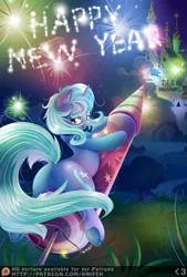 Size: 1100x1631 | Tagged: suggestive, artist:knifeh, derpibooru import, trixie, pony, unicorn, canterlot, cutie mark, dock, featureless crotch, fireworks, happy new year, plot, rocket, solo, underhoof