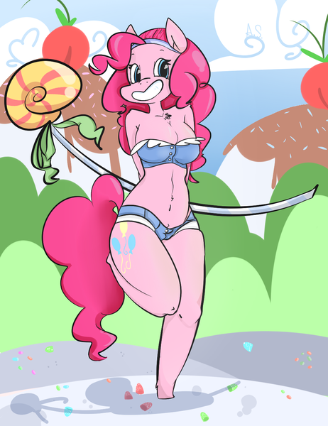 Size: 1000x1300 | Tagged: suggestive, artist:jewelcharmer, derpibooru import, pinkie pie, anthro, belly button, big smile, breasts, candy, cherry, chest fluff, chocolate syrup, cleavage, clothes, cutie mark on anthro, food, gumdrop, headband, hot pants, ice cream, image, lollipop, outdoors, png, pubic fluff, signature, solo, sprinkles, standing, standing on one leg