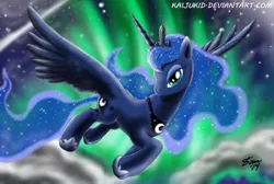 Size: 900x606 | Tagged: artist:kaijukid, aurora borealis, derpibooru import, flying, princess luna, safe, sky, solo