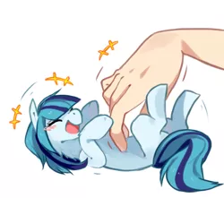Size: 568x502 | Tagged: safe, artist:hisshi shoujo, derpibooru import, sonata dusk, ponified, earth pony, pony, equestria girls, bellyrubs, blushing, cute, equestria girls ponified, eyes closed, female, hand, laughing, legs in air, mare, micro, on back, open mouth, pixiv, simple background, smiling, sonatabetes, tickling, tiny ponies, white background