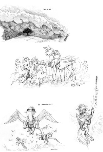 Size: 1100x1625 | Tagged: artist:baron engel, cloud, derpibooru import, fog, monochrome, oc, oc:sky brush, pencil drawing, rainbow dash, rocket, safe, story in the source, traditional art, weather team