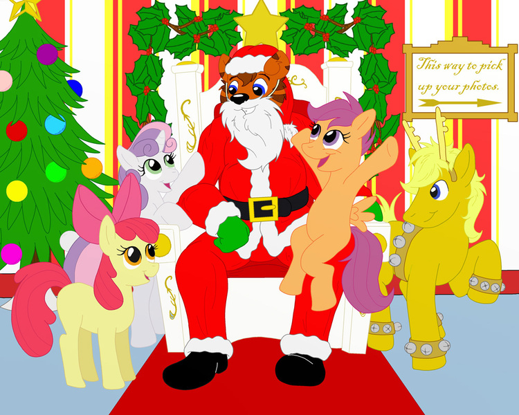 Size: 1000x800 | Tagged: safe, artist:michael thompson, derpibooru import, apple bloom, scootaloo, sweetie belle, oc, oc:giddy up, earth pony, pegasus, pony, unicorn, christmas, christmas tree, clothes, cmc 10k, furry, santa claus, santa costume, tree