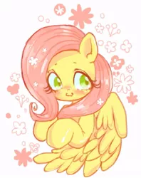 Size: 635x800 | Tagged: safe, artist:susu, derpibooru import, fluttershy, pegasus, pony, blushing, bust, cute, flower, shyabetes, simple background, solo, white background