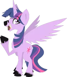 Size: 1280x1468 | Tagged: safe, artist:zvn, derpibooru import, twilight sparkle, twilight sparkle (alicorn), alicorn, pony, chinese water deer, colored hooves, cutie mark, fangs, female, hoof fluff, hooves, horn, lineless, mare, open mouth, solo, species swap, wings