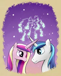 Size: 900x1119 | Tagged: safe, artist:ambrosebuttercrust, derpibooru import, princess cadance, shining armor, alicorn, unicorn, ask toola roola, ask, female, fireworks, horns are touching, looking at each other, male, mare, married couple, smiling, stallion, tumblr