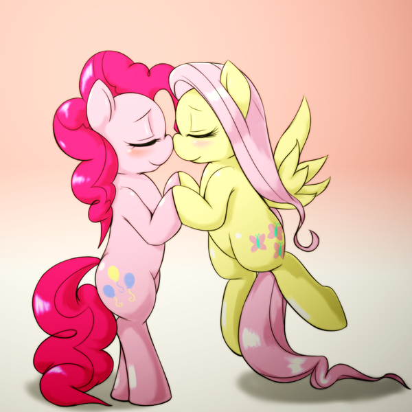 Size: 1000x1000 | Tagged: safe, artist:ushiro no kukan, derpibooru import, fluttershy, pinkie pie, pony, bipedal, cute, diapinkes, female, flutterpie, lesbian, nuzzling, pixiv, shipping