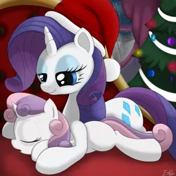 Size: 1600x1600 | Tagged: artist:irregular-entity, christmas tree, derpibooru import, hat, prone, rarity, safe, santa hat, sisters, sleeping, sweetie belle, tree