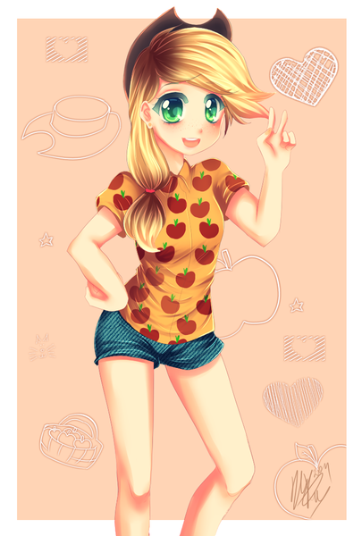 Size: 723x1072 | Tagged: applejack, artist:shizuochan776, clothes, daisy dukes, dead source, derpibooru import, human, humanized, peace sign, safe, shirt, solo