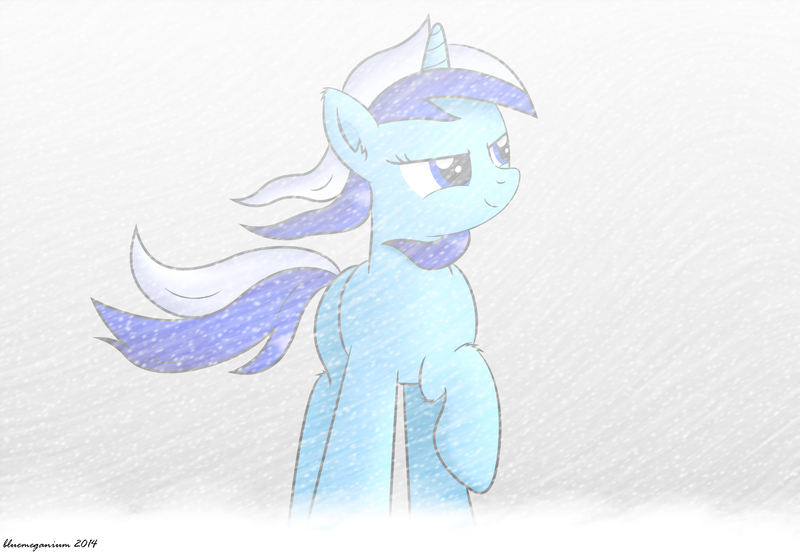 Size: 1999x1379 | Tagged: artist:bluemeganium, blizzard, derpibooru import, minuette, raised hoof, safe, snow, snowfall, solo, wind, windswept mane