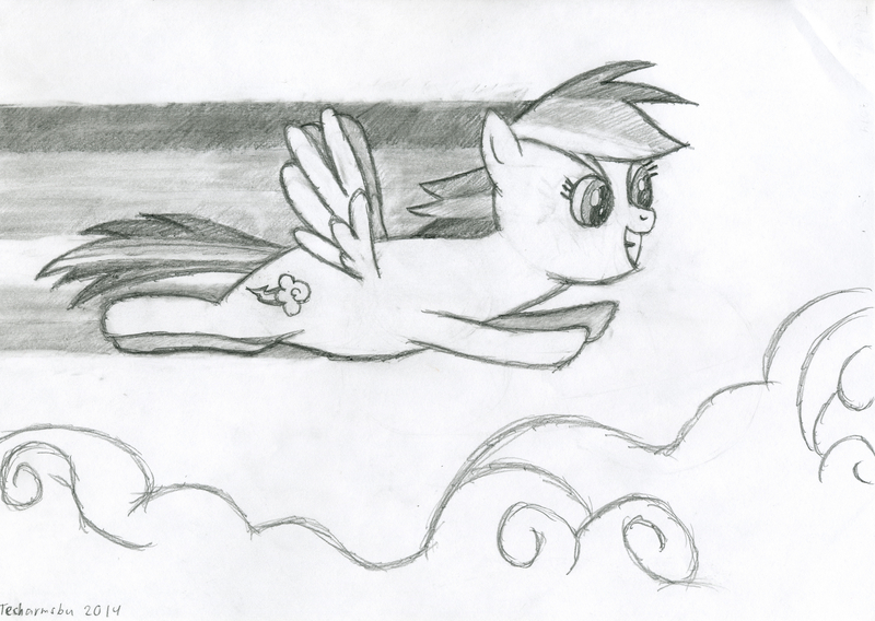 Size: 8212x5834 | Tagged: absurd resolution, artist:techarmsbu, derpibooru import, flying, monochrome, rainbow dash, safe, solo, traditional art