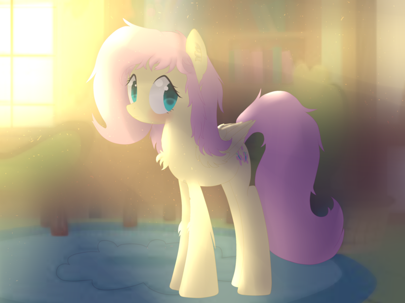 Size: 2592x1944 | Tagged: safe, artist:alexander56910, derpibooru import, fluttershy, blushing, bright, chest fluff, crepuscular rays, fluffy, folded wings, house, looking at you, messy mane, solo, standing, window