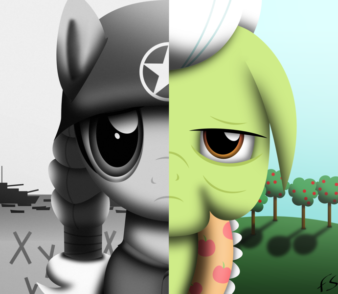 Size: 2500x2170 | Tagged: artist:facelesssoles, derpibooru import, granny smith, helmet, military uniform, safe, soldier, war, young granny smith