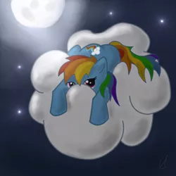 Size: 1000x1000 | Tagged: safe, artist:copperfern, derpibooru import, rainbow dash, pegasus, pony, artifact, cloud, cutie mark, female, hooves, lying on a cloud, mare, moon, night, on a cloud, prone, solo, stars