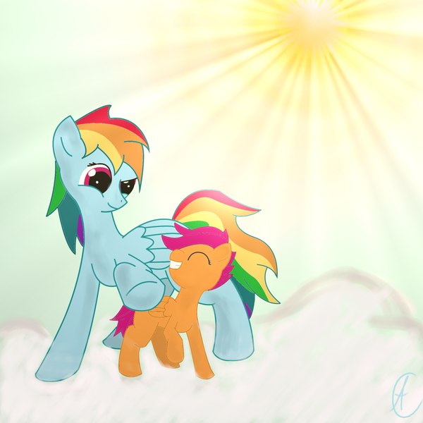 Size: 2000x2000 | Tagged: artist:copperfern, cloud, cloudy, derpibooru import, rainbow dash, safe, scootaloo