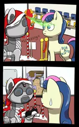 Size: 1500x2400 | Tagged: safe, artist:crashbrowns, derpibooru import, bon bon, sweetie drops, robot, hat, portal gun, santa hat