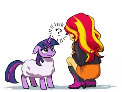 Size: 800x600 | Tagged: dead source, safe, artist:baekgup, derpibooru import, sunset shimmer, twilight sparkle, sheep, equestria girls, annoyed, blushing, cute, female, floppy ears, frown, glare, question mark, simple background, species swap, sweatdrop, twilight sheeple, wavy mouth, white background