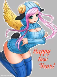 Size: 1200x1602 | Tagged: suggestive, artist:racoonsan, derpibooru import, fluttershy, human, sheep, big breasts, breasts, busty fluttershy, cleavage, clothes, female, humanized, keyhole turtleneck, kneeling, looking at you, open-chest sweater, solo, solo female, stockings, sweater, sweatershy, thigh highs, tongue out, turtleneck, winged humanization, year of the sheep