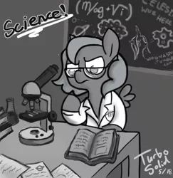 Size: 644x663 | Tagged: safe, artist:turbosolid, derpibooru import, princess luna, queen chrysalis, alicorn, pony, moonstuck, book, chalkboard, cheese, clothes, cute, egophiliac-ish, female, filly, food, frown, glare, grayscale, lab coat, mare, microscope, monochrome, muffin, planet, science, science woona, solo, style emulation, woona