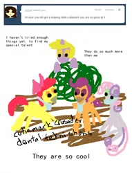 Size: 688x900 | Tagged: apple bloom, artist:bibliodragon, ask, cutie mark crusaders, derpibooru import, dinky draws, dinky hooves, safe, scootaloo, sweetie belle, tumblr