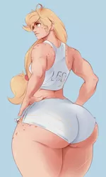 Size: 737x1232 | Tagged: applebutt, applejack, artist:sundown, ass, breasts, clothes, derpibooru import, extra thicc, female, huge butt, human, humanized, jacqueline applebuck, scar, shorts, solo, solo female, suggestive, tanktop, that one freckle