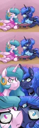 Size: 1000x3244 | Tagged: safe, artist:romanrazor, derpibooru import, princess celestia, princess luna, alicorn, pony, good morning celestia, angry, animated at source, animated in description, bathrobe, blue-mane celestia, choker, clothes, description is relevant, drinking, earring, eyes closed, female, food, frown, glare, looking at you, mare, messy mane, prone, shirt, stare, tea, this is why we can't have nice things, tumblr, underhoof, wide eyes