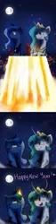 Size: 1200x4800 | Tagged: safe, artist:anticular, derpibooru import, princess celestia, princess luna, alicorn, pony, ask sunshine and moonbeams, angry, comic, dirty, duo, duo female, female, fireworks, full moon, happy new year, mare, moon, new year, night, peytral, smoke, tumblr