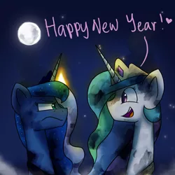 Size: 1200x1200 | Tagged: safe, artist:anticular, derpibooru import, princess celestia, princess luna, alicorn, pony, ask sunshine and moonbeams, annoyed, dirty, duo, duo female, eye contact, female, fireworks, frown, glare, happy new year, heart, mare, moon, night, open mouth, smiling, smoke