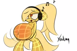 Size: 3000x2000 | Tagged: artist:xodisvorebin, belly, commercial reference, derpibooru import, eggo, fetish, food pony, headphones, high res, implied vore, oc, oc:waffle, open mouth, original species, ponified, safe, unofficial characters only, waffle, waffle pony, wa-full, wat