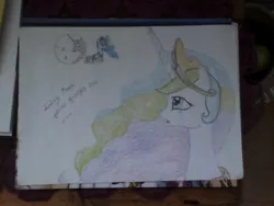 Size: 1024x768 | Tagged: safe, artist:frozenightpl, derpibooru import, princess celestia, princess luna, alicorn, pony, lullaby for a princess, crying, moon, princess, sad, sisters, traditional art