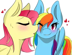 Size: 1932x1464 | Tagged: safe, artist:kshame, derpibooru import, fluttershy, rainbow dash, assertive, blushing, female, flutterdash, kiss on the cheek, kissing, lesbian, shipping