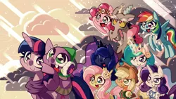 Size: 1600x900 | Tagged: safe, artist:panyang-panyang, derpibooru import, applejack, discord, fluttershy, pinkie pie, princess celestia, princess luna, rainbow dash, rarity, spike, twilight sparkle, twilight sparkle (alicorn), alicorn, pony, clothes, cloud, cloudy, earmuffs, female, mane seven, mane six, mare, new year, riding, scarf, sunrise