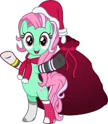 Size: 4000x4588 | Tagged: safe, artist:jeatz-axl, derpibooru import, minty, pony, bag, bipedal, clothes, g3, g3 to g4, generation leap, hat, open mouth, sack, santa hat, santa sack, scarf, simple background, smiling, socks, solo, transparent background, vector