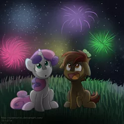 Size: 1000x1000 | Tagged: artist:jayivee, buttonbetes, button mash, cute, cute as a button, derpibooru import, diasweetes, female, fireworks, happy, looking up, male, night, safe, shipping, sitting, straight, sweetie belle, sweetiemash