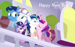 Size: 1160x720 | Tagged: 2015, apple cider, artist:dm29, champagne, chest fluff, derpibooru import, family, female, filly, filly twilight sparkle, fuzznums, happy new year, heart, kissing, male, night light, princess cadance, safe, shining armor, shiningcadance, shipping, straight, twilight sparkle, twilight velvet