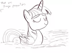 Size: 381x279 | Tagged: safe, artist:woox, derpibooru import, twilight sparkle, twilight sparkle (alicorn), alicorn, duck pony, pony, female, flockmod, lineart, mare, monochrome, smiling, solo, swimming