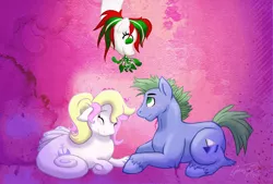 Size: 3000x2033 | Tagged: dead source, safe, artist:justasuta, derpibooru import, oc, unofficial characters only, earth pony, pony, sea pony, blushing, eyes closed, female, floppy ears, male, mistletoe, mouth hold, porne, prone, shipper on deck, smiling, stallion, unshorn fetlocks