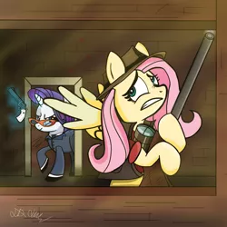 Size: 2046x2046 | Tagged: safe, artist:swordflash4, derpibooru import, fluttershy, rarity, pegasus, pony, unicorn, clothes, cowboy hat, female, glasses, glowing horn, gritted teeth, gun, handgun, hat, hoof hold, hooves, horn, levitation, magic, mare, optical sight, raised hoof, revolver, rifle, sniper, sniper rifle, snipershy, spread wings, spy, team fortress 2, teeth, telekinesis, weapon, wings