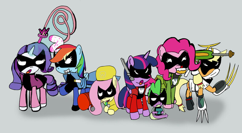 Size: 1024x563 | Tagged: safe, artist:helsaabi, derpibooru import, applejack, fluttershy, pinkie pie, rainbow dash, rarity, spike, twilight sparkle, twilight sparkle (alicorn), alicorn, pony, clothes, costume, female, mane seven, mane six, mare, the wonderful 101, wonder black, wonder blue, wonder green, wonder pink, wonder red, wonder white, wonder yellow