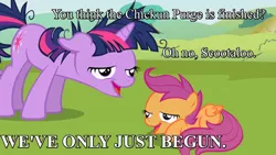 Size: 1280x720 | Tagged: chickun, derpibooru import, exploitable meme, faic, forced meme, lesson zero, meme, safe, scootaloo, twilight sparkle