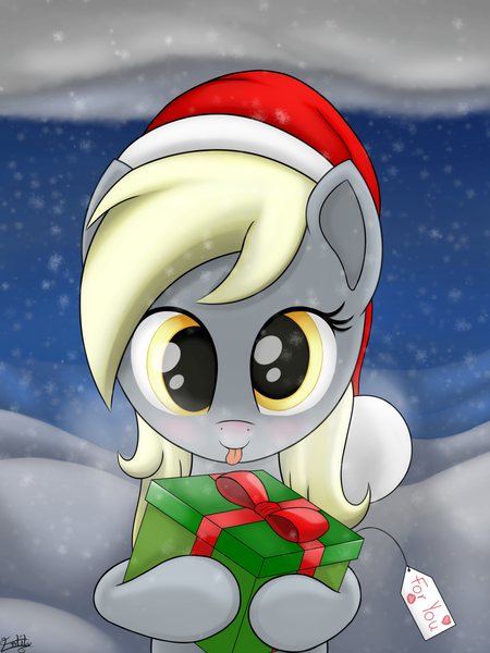 Size: 1200x1600 | Tagged: safe, artist:irregular-entity, derpibooru import, derpy hooves, pegasus, pony, cute, derpabetes, female, hat, mare, present, santa hat, solo, tongue out