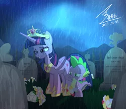 Size: 1100x951 | Tagged: safe, artist:bluse, derpibooru import, spike, twilight sparkle, twilight sparkle (alicorn), alicorn, pony, crying, engrish, female, grave, immortality blues, implied death, mare, rain, sad, show accurate